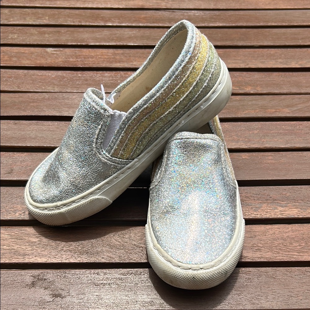 Olive & Edie Rainbow Sparkly Silver and Gold Girls Slip-On Shoes size 10